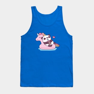 Cute Panda Enjoying Bubble Tea on Unicorn Pool Float Tank Top